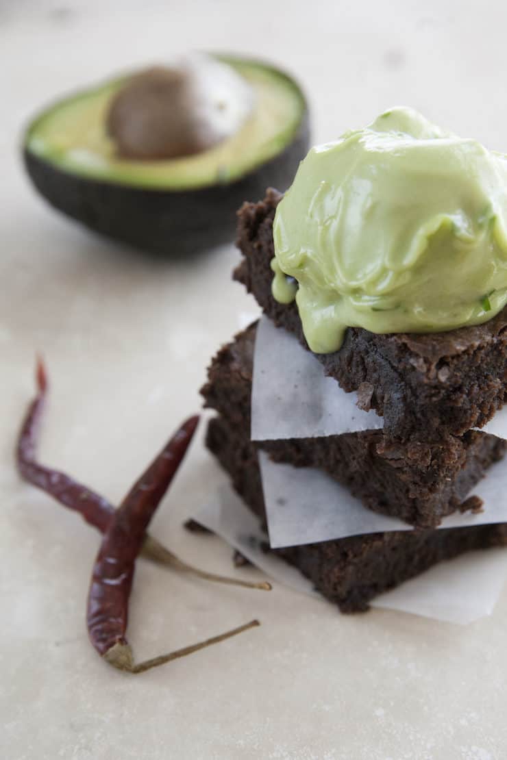 Avocado Chili Brownies topped with Avocado Tequila Ice Cream