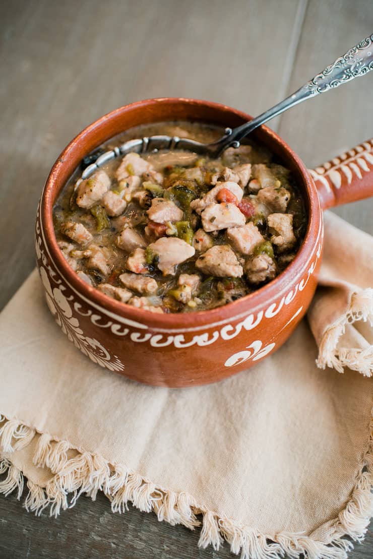pork green Chile in a Mexican pottery bowl