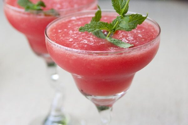 Refreshing and delicious frozen watermelon margarita served in two amazing glasses