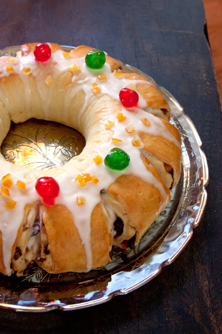 baked three kings cake rosca de reyes with fruit jewels and glaze