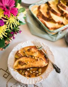 Baked Mexican French Toast served with flowers on the side