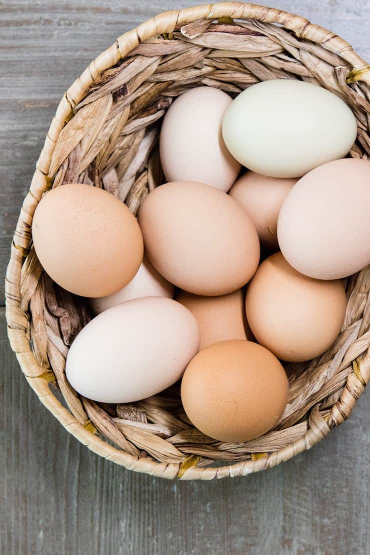 basket of farm fresh eggs on kitchen table