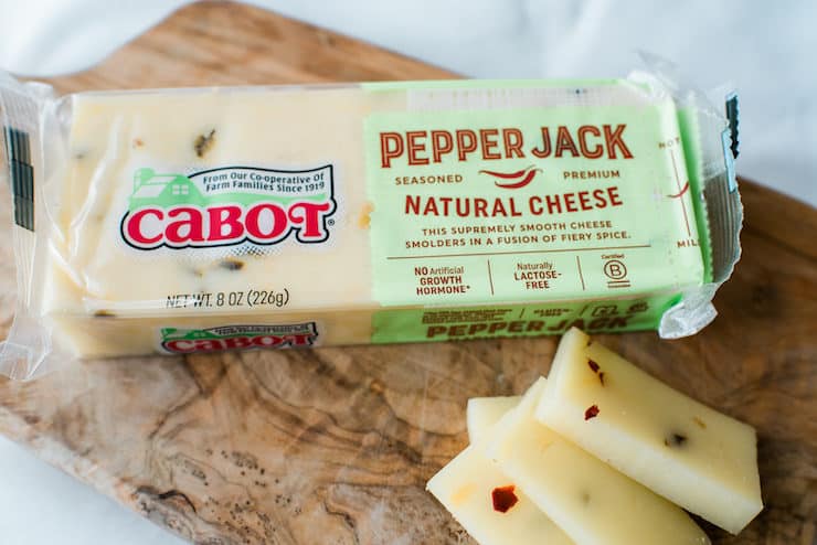 Cabot Pepper Jack Cheese on a wooden board