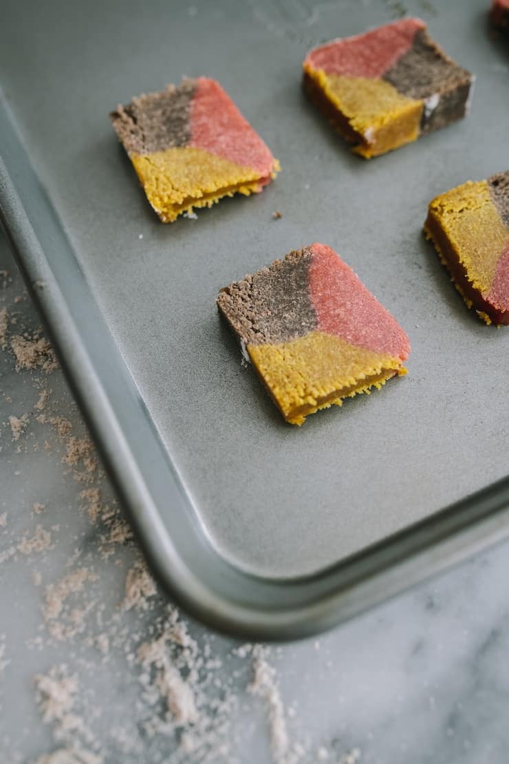 Polvorones (Tri-Color Mexican Cookies) on baking sheet