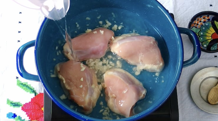 blue stock pot with raw chicken and garlic and water being poured in