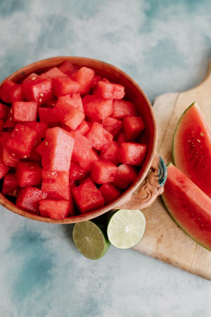 cubed watermelon in a bowl
