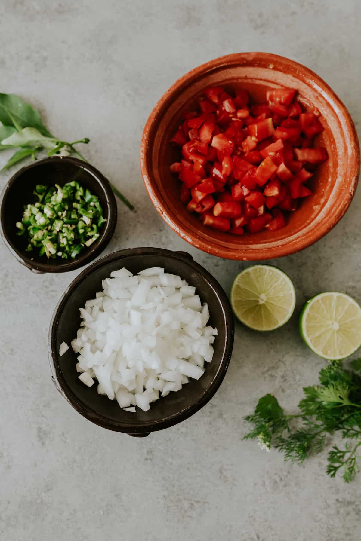 Finely chopped tomato salad ingredients in separate bowls on a grey background, including tomatoes, green peppers, and white onion, as well as lime wedges and fresh cilantro