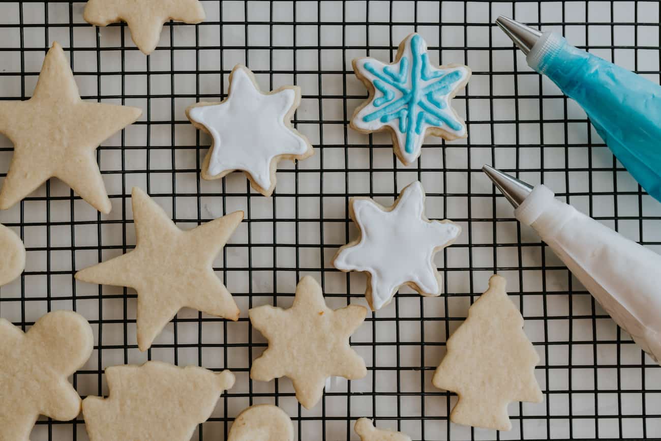 blue and white snowflake shaped soft christmas sugar and butter cookies