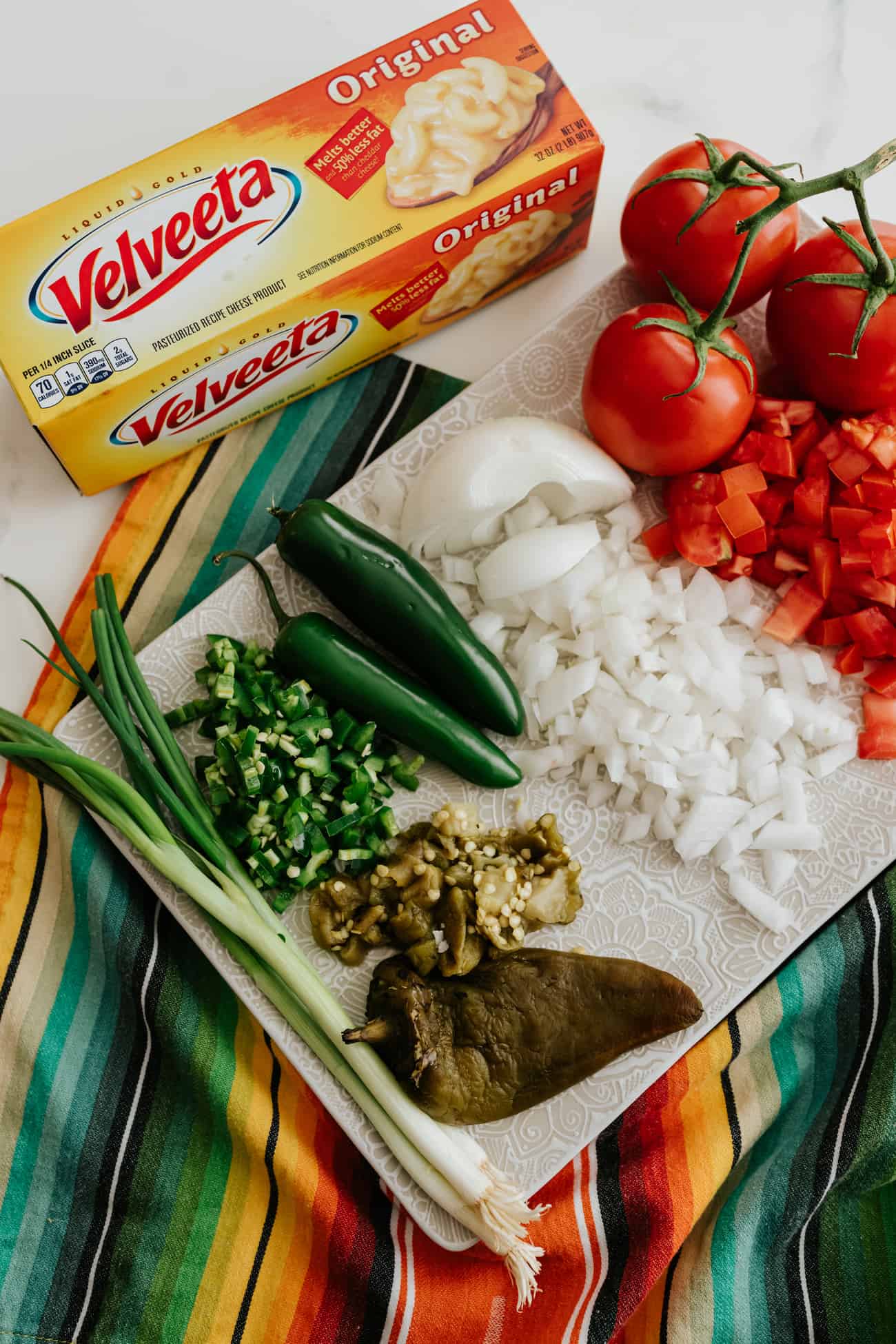 green onions, fresh and roasted chiles, chopped onions and tomatoes, and a box of velveeta.