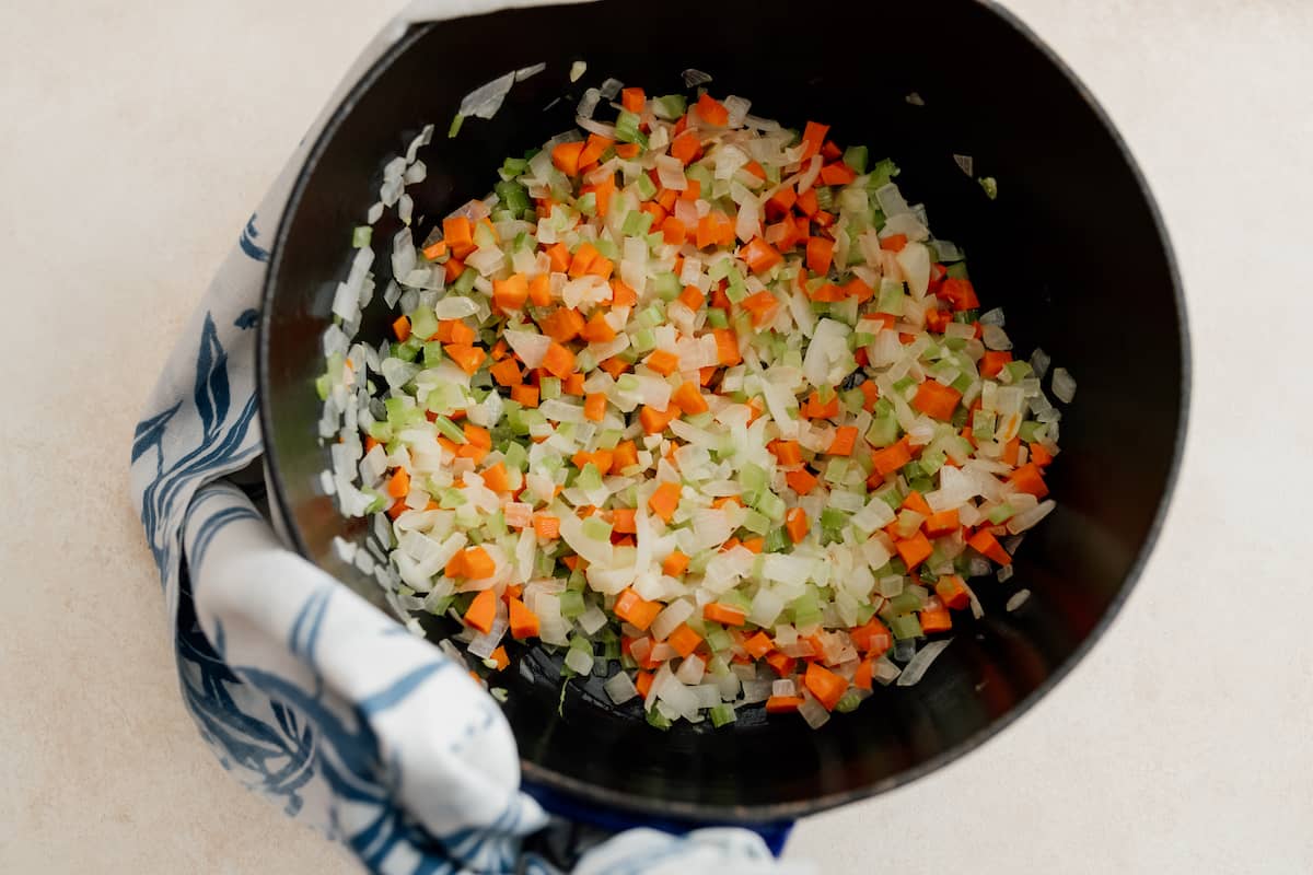 sautéed mirepoix for making navy bean and ham soup.