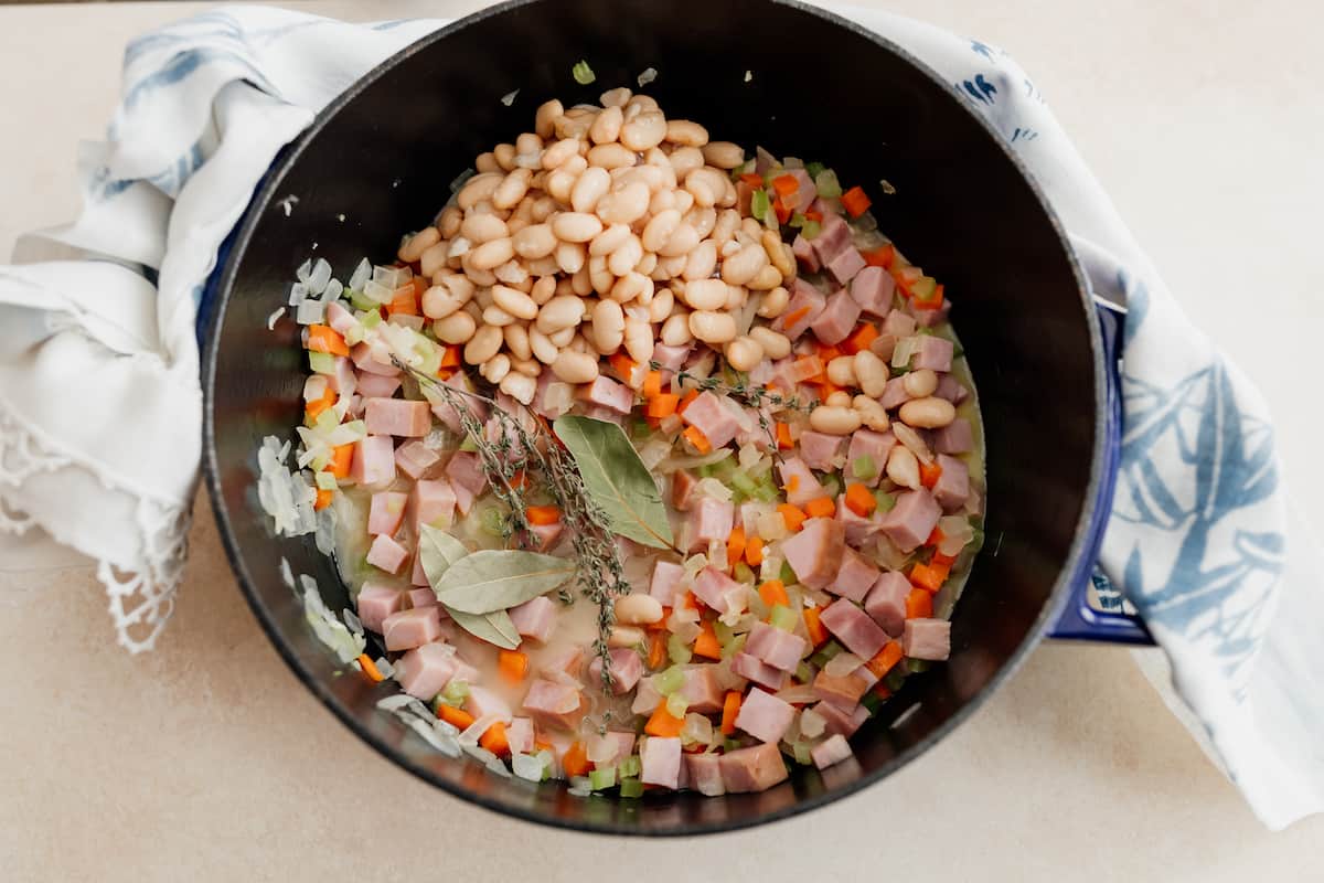 beans, ham, broth, and spices added to mix.