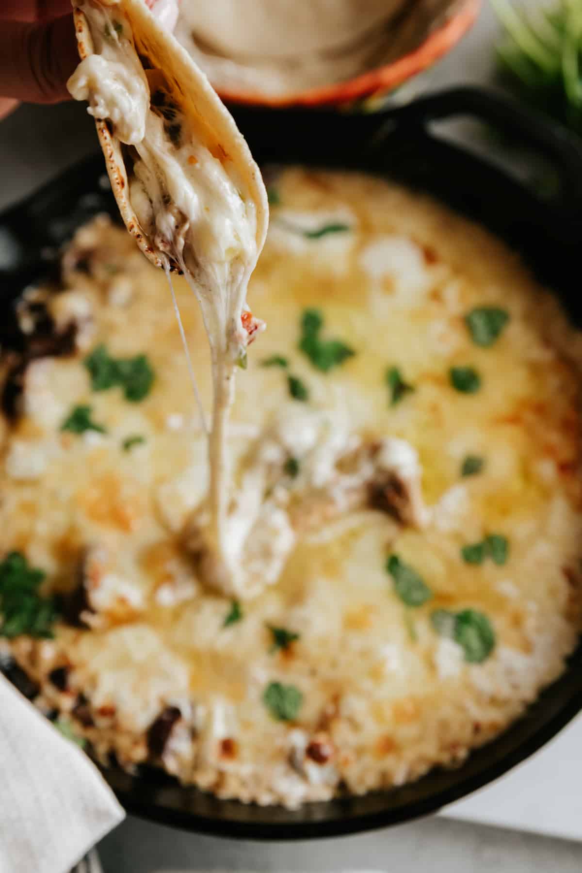 skillet of vegetarian mushroom queso fundido with a hand holding a tortilla filled with a scoop and some of it dripping back into the pan. YUM!