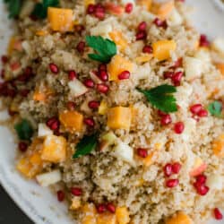 closeup hero shot of roasted butternut squash quinoa salad flecked with pomegranate arils and garnished with fresh parsley.
